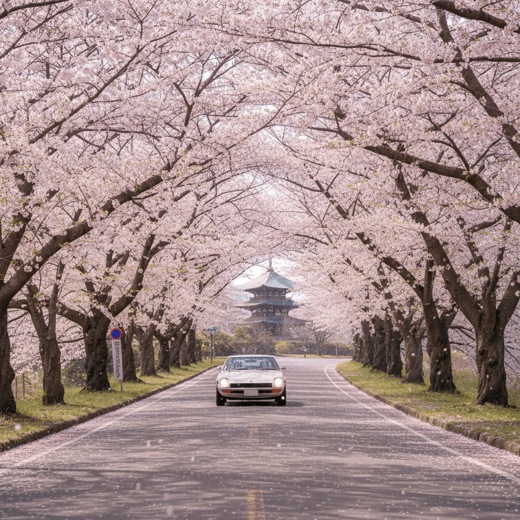 A car passing beneath cherry blossoms