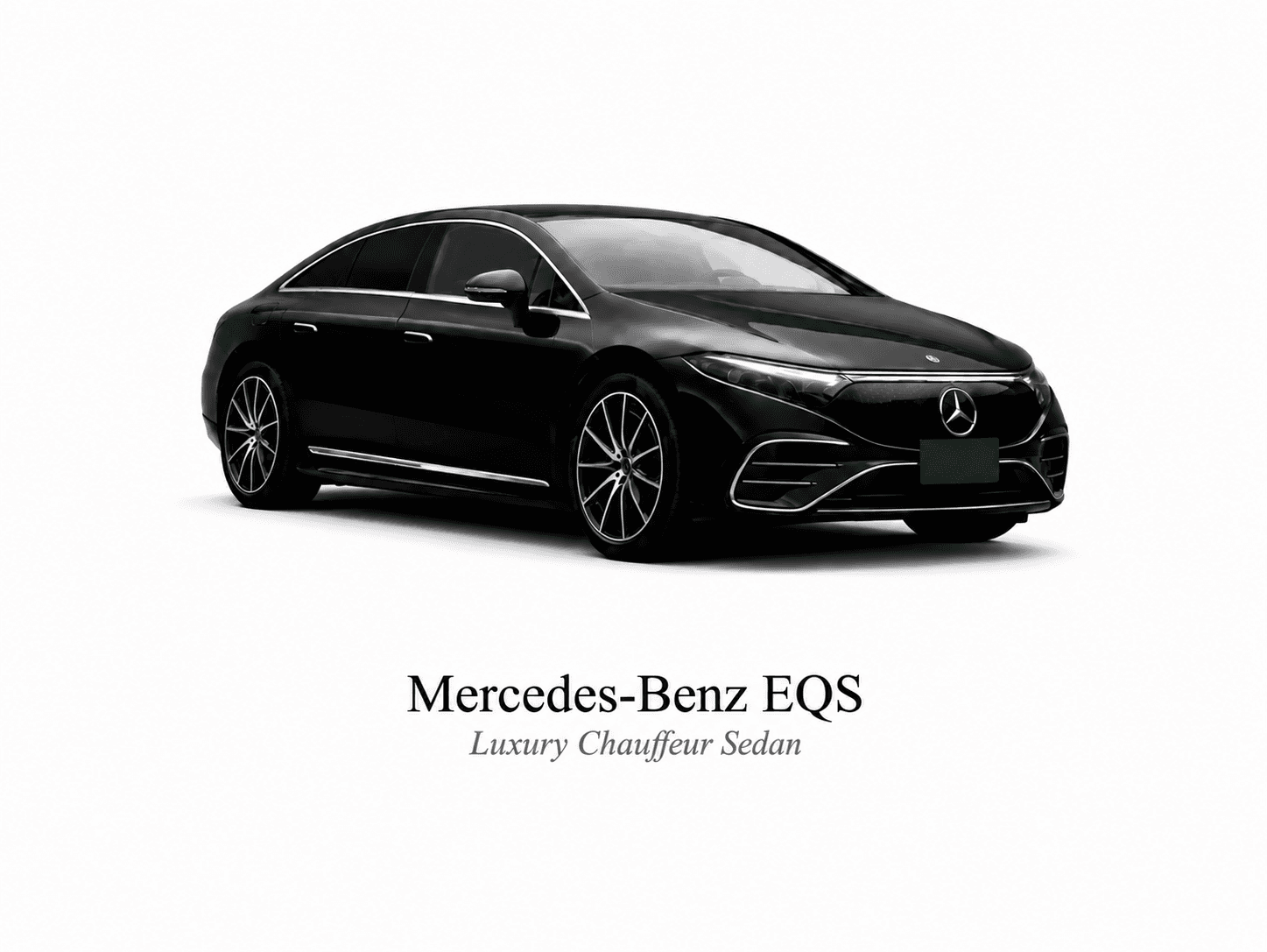 Sleek black Mercedes-Benz EQS luxury chauffeur sedan displayed against a solid white background.