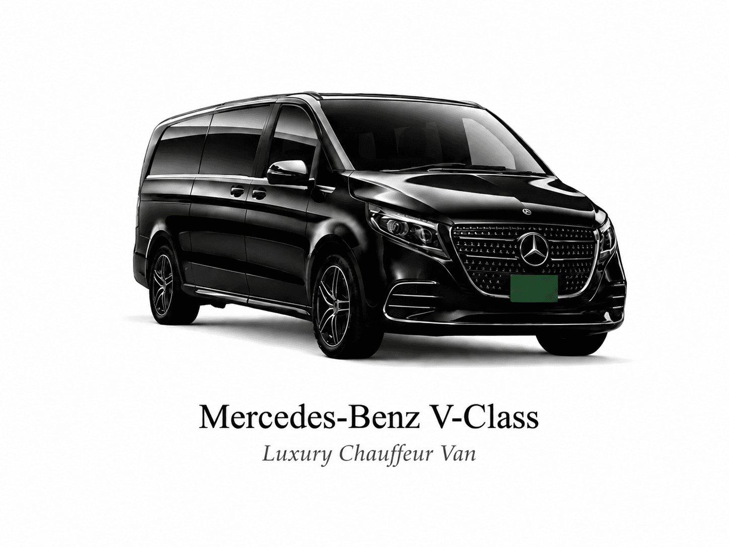 Sleek black Mercedes-Benz V-Class luxury chauffeur van shown on a white background.