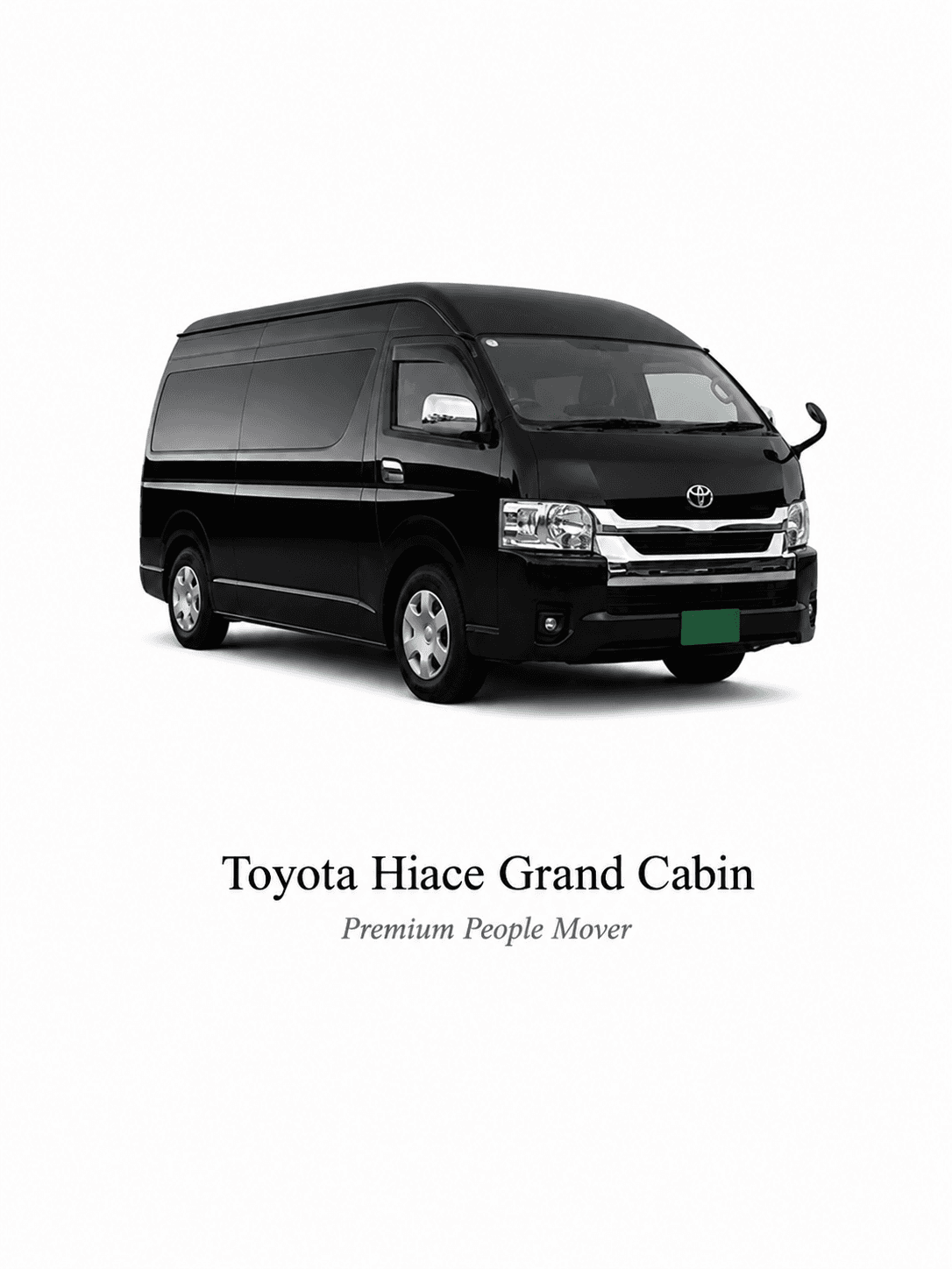 Sleek black Toyota Hiace Grand Cabin van, a premium people mover, on white background.