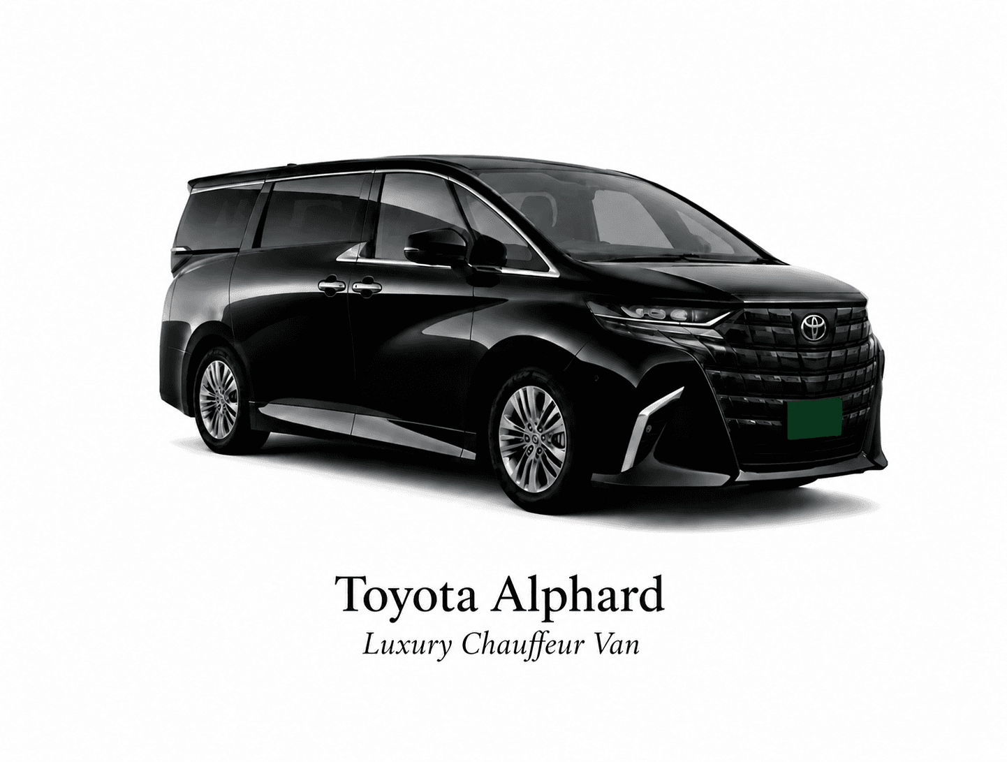 Sleek black Toyota Alphard luxury chauffeur van with chrome details against a white background.