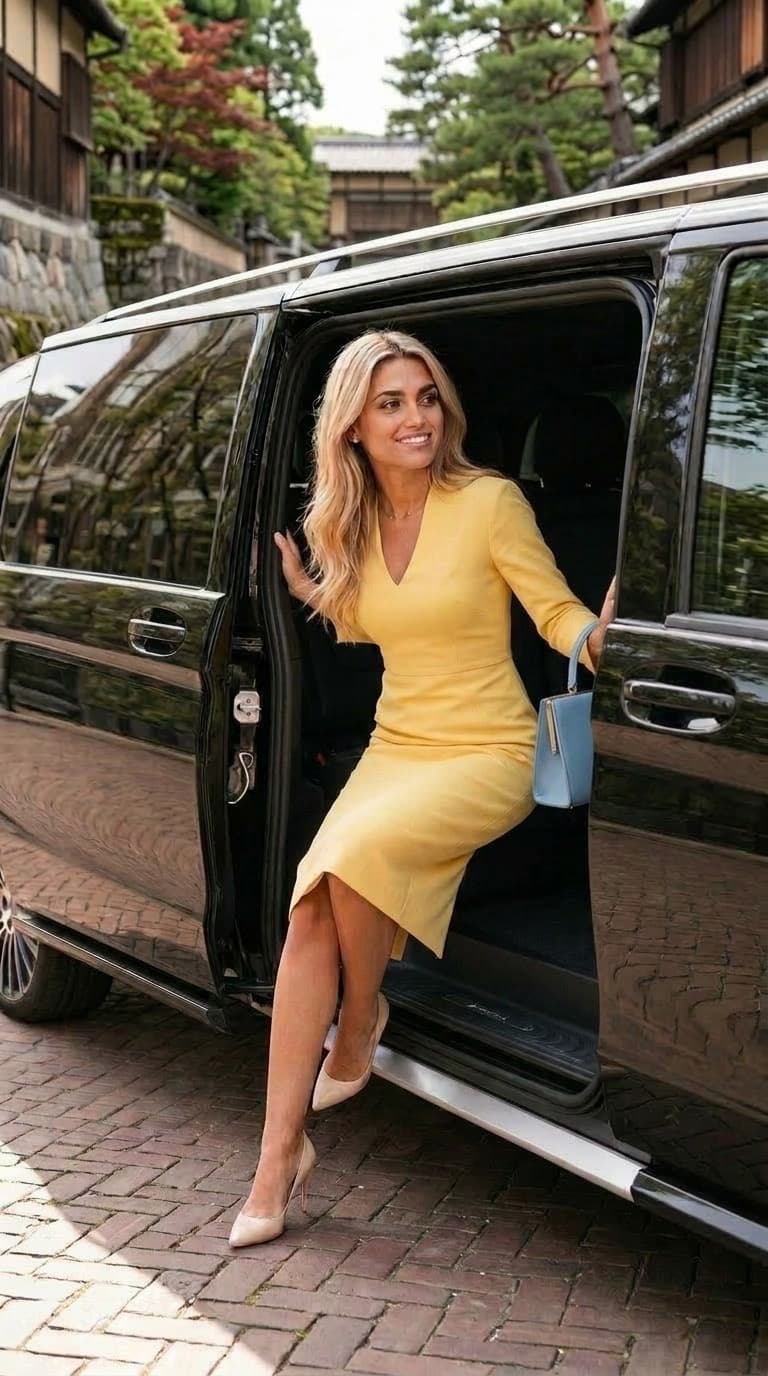 Smiling blonde woman in a yellow dress stepping out of a black van onto cobblestones.